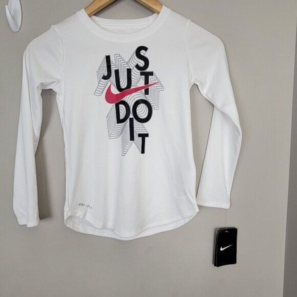 Nike Girls Breathable Dri-FIT Running Long Sleeve JUST DO IT White Shirt 6X